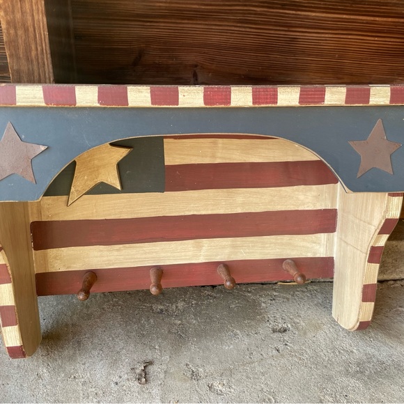 American Flag Coat Rack, Key Hanger Shelf US American Flag, Key Rustic Wood - Picture 1 of 4